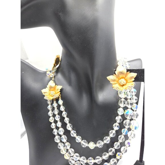 Rare 1940s Graduated Crystal Necklace and Floral Rhinestone Gold Clip Earrings - Picture 11 of 13